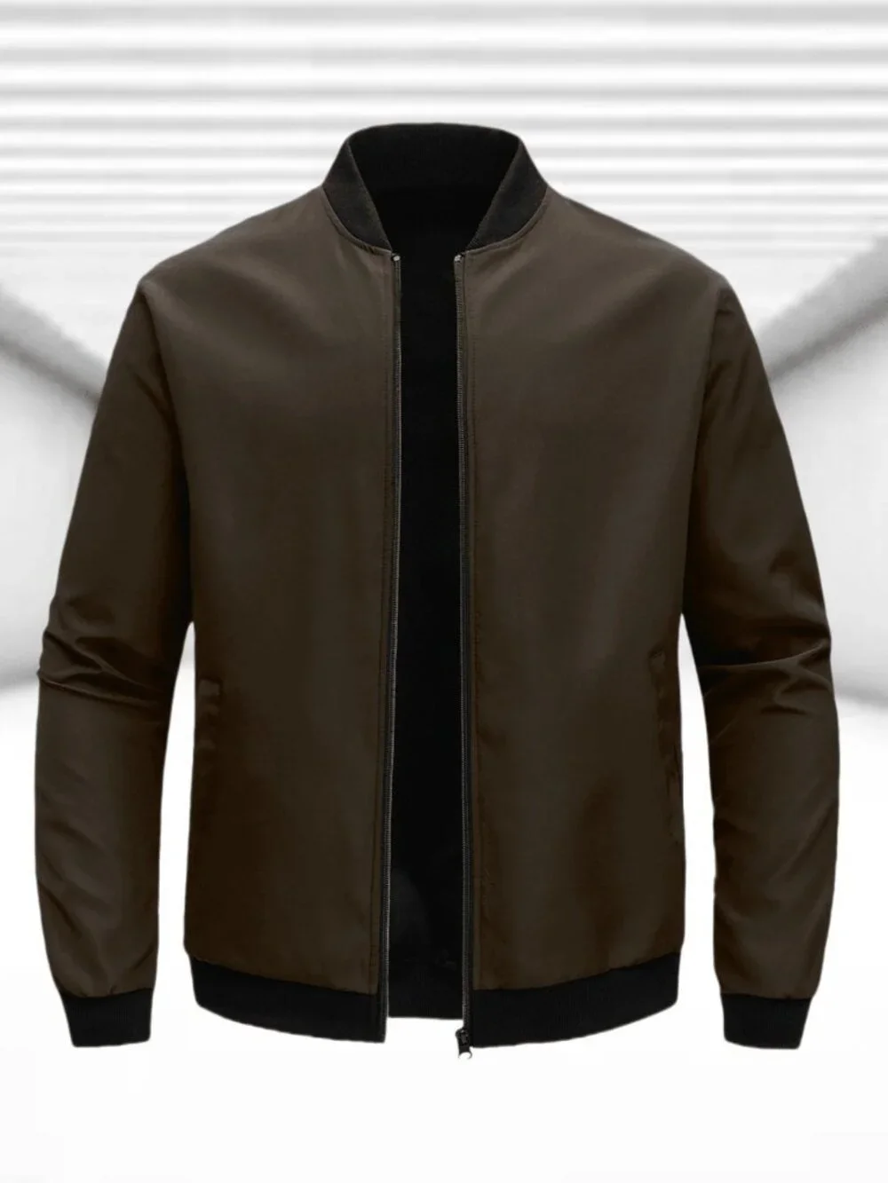 Coffee Brown Casual Men's Slim Fit Baseball Jacket w/Stand Collar Zip-Up